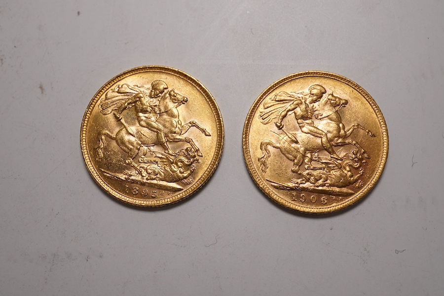 Australia gold coins, Victoria, gold sovereign, veiled head, 1895M, near EF, Edward VII, gold sovereign, 1906M, scratch otherwise about EF (2)